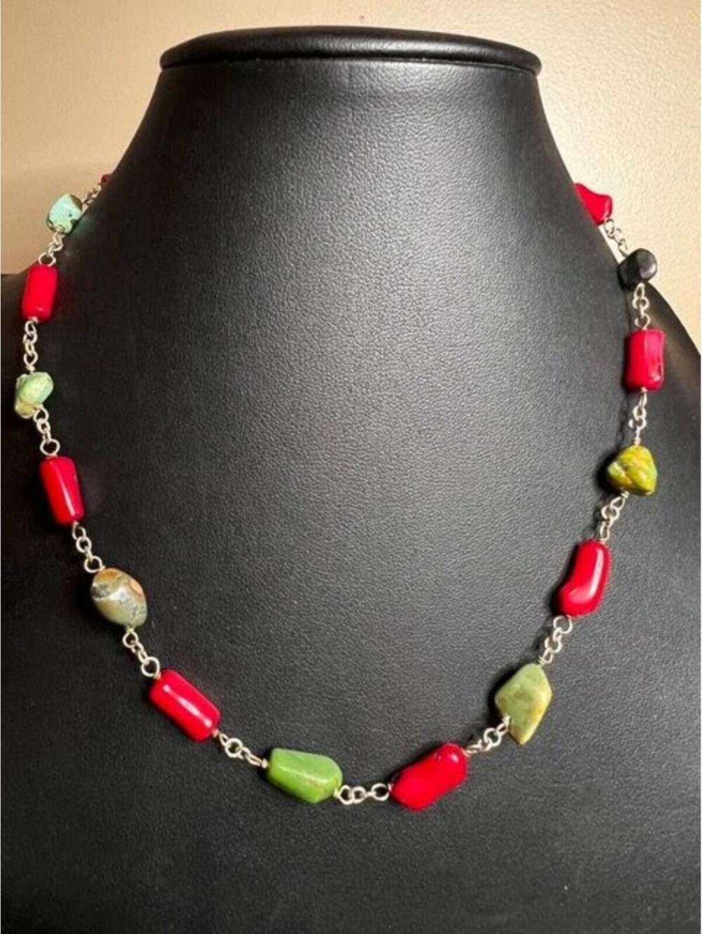 B5354 GSJ 925 Natural Stone Coral Turquoise Sterling Silver Station Necklace 18"